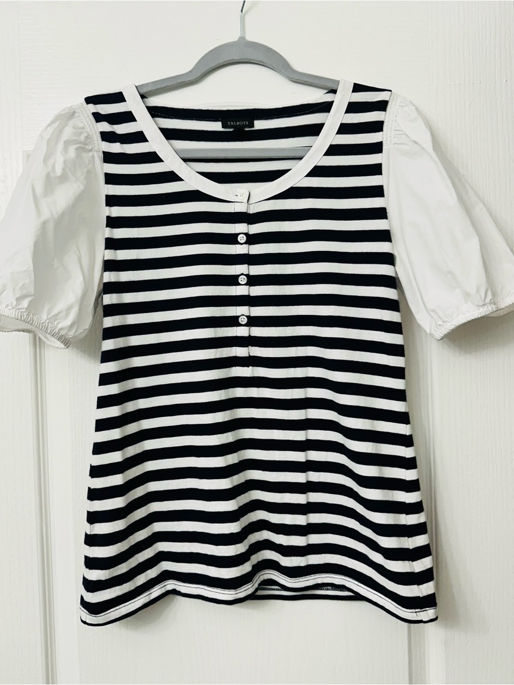 Talbots Black and White Striped Puff Sleeve Henley Tee